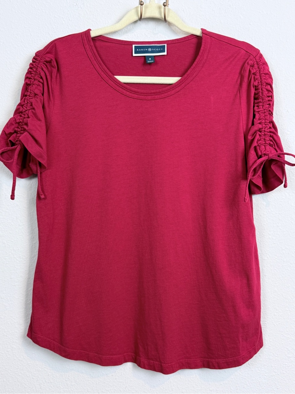 Karen Scott Red Ruched-Shoulder Short Sleeve Tee M